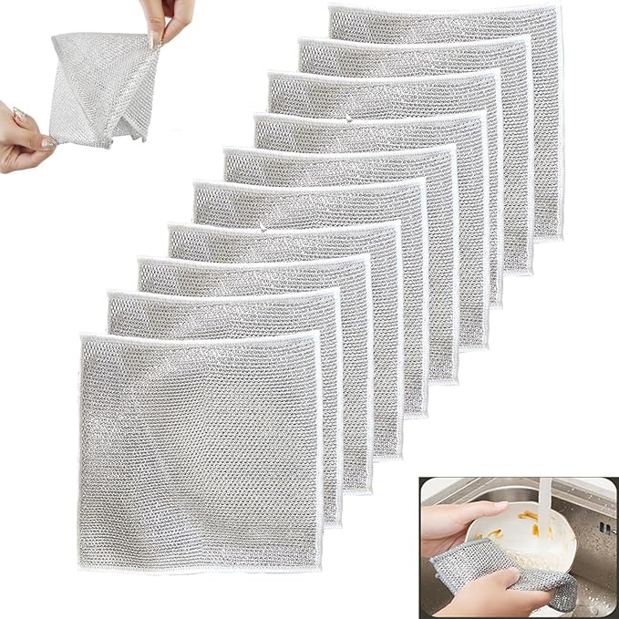 10 PCS Multipurpose Wire Dishwashing Rag for Wet and Dry,Non-Scratch Wire Dishcloth,Scrubbing Wire Dishwashing Rags,Time-Saver Kitchen Wipes Cleaning Cloths (Double Layer)