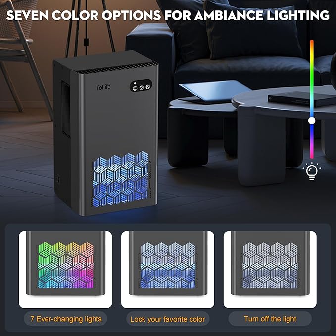 ToLife Dehumidifiers for Home, 1000 sq.ft Dehumidifier for Bedroom Bathroom Basement with 95 OZ Water Tank, Auto Shut Off 7 Colors LED Light, Gery
