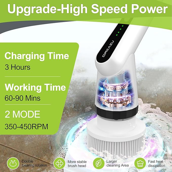 WKY-Electric Spin Scrubber - Upgraded 10-in-1 IPX7 Waterproof Shower Scrubber, Retractable Handle & 2-Speed for Toilet, Bathroom, Bathtub, Tile Floors