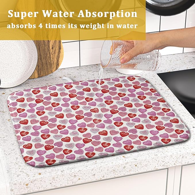 Valentine’s Day Dish Drying Mat for Kitchen Counter 18x16 Inch Pink Love Drying Mat with Absorbent Reversible Microfiber Holiday Dish Drainer Mats Rack Pad for Coffee Countertop Protector