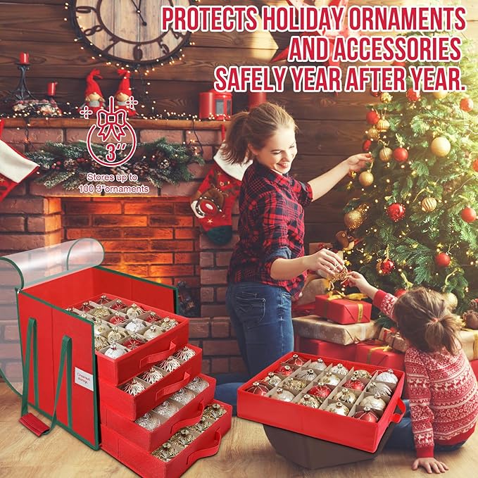 Christmas Ornament Storage Box, Stores Up to 100 Count 3 Inch Ornaments, 5 Individual Trays, Adjustable Dividers, 600D Oxford Fabric, Large Organizer Bin to Protect and Store Holiday Décor