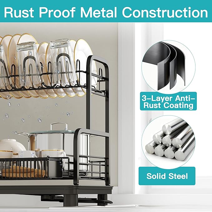 2 Tier Black Large Capacity Dish Drainers Drying Rack for Kitchen Counter, Metal Stainless Steel Rust Proof Plate Strainers Holder On Countertop with Drainboard Tray, Space Saving, Aesthetic Modern