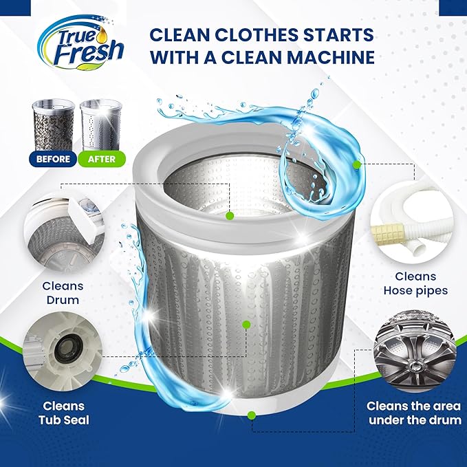 True Fresh Washing Machine Cleaner Tablets – 25-Pack Deep Cleaning for Front Load, Top Loader & HE Washers – Helps Remove Odor-Causing Residues, Pet Hair & Hard Water Buildups – Septic Safe