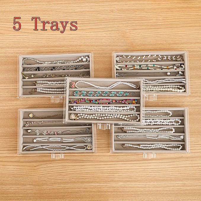5 Drawerss Necklace Organizer Box, Tray with Clear Lid, Dustproof Velvet Necklaces Holder Storage Display Case, Gery Necklace Tray Drawer Insert for Pendant Suitable for Women and Girls (25 grids)
