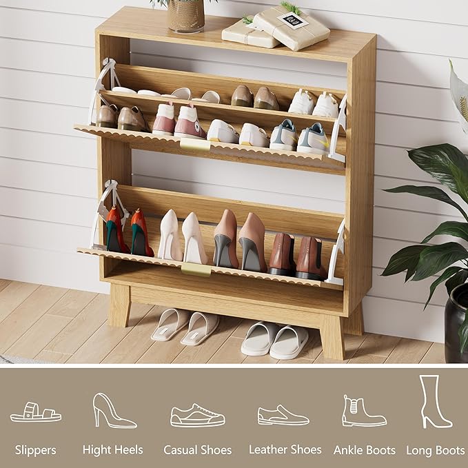 Shoe Cabinet Storage for Entryway with 2 Flip Drawers, Fluted Narrow Shoe Organizer with Wooden Legs, Freestanding Slim Shoe Storage Hidden Shoe Rack Organizer for Front Door Entrance, Oak