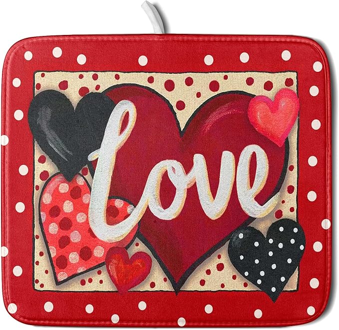 Love Heart Dish Drying Mat 16"x18" Red Dots Microfiber Dish Rack Mat Holiday Absorbent Fast Dry Draining Pad for Kitchen Counter Bar Sinks