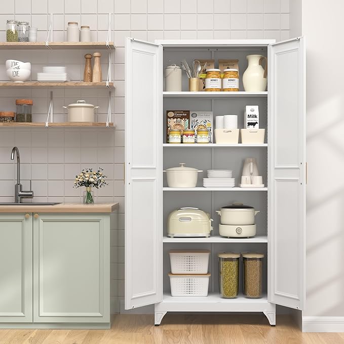 75" Kitchen Pantry Cabinet, Tall Storage Cabinet with Doors and 4 Shelves, Metal Storage Cabinets for Kitchens, Living Room, Dinning Room, Assembly Required, White
