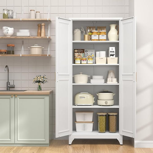75" Kitchen Pantry Cabinet, Tall Storage Cabinet with Doors and 4 Shelves, Metal Storage Cabinets for Kitchens, Living Room, Dinning Room, Assembly Required, White