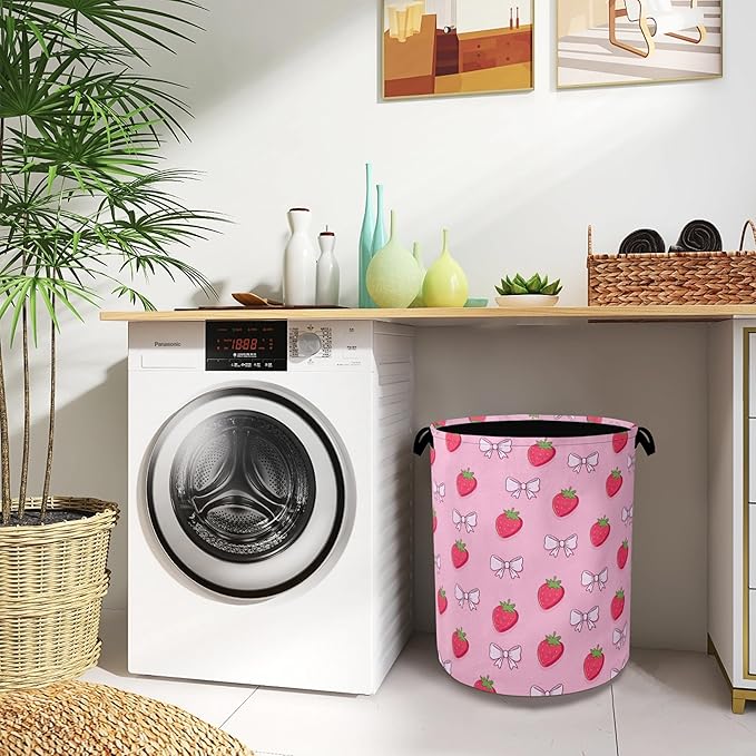 Cute Strawberry Laundry Basket,Bow Foldable with Handles Tote Bag Oxford Cloth for Bathroom Bedroom Dirty Clothes Storage Bucket 16" x 20.8"