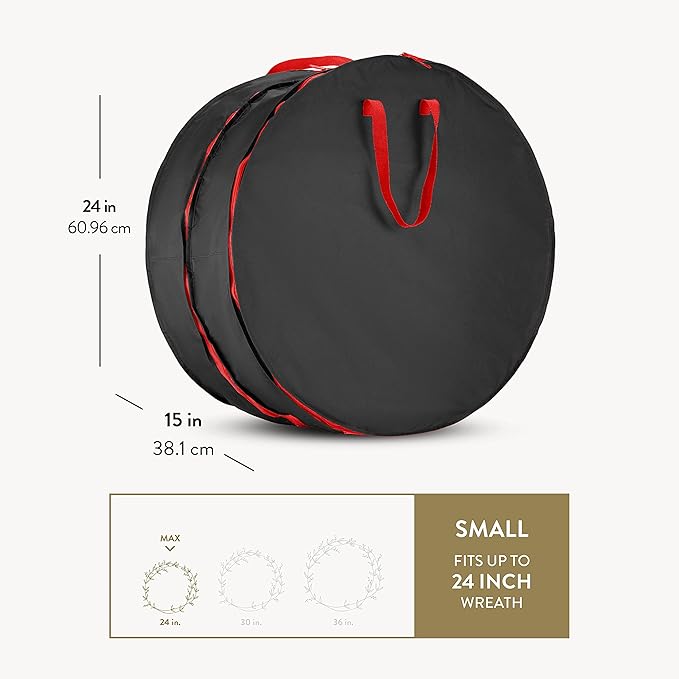 ZOBER Christmas Wreath Storage Container 24 Inch - Wreath Bag Fits 2 Wreaths Box - 600D Oxford Fabric - Interior Compartment for Storing Garlands, Wreaths Storage Bag W Strong Durable Handles - Black