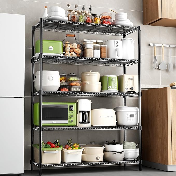 RackBro 48" W Storage Shelves 1875LBS Metal Shelving, 5-Tier Adjustable Wire Shelving Unit with Liners, Heavy Duty Garage Shelving Steel Rack for Commercial Pantry, 48" W x 18" D x 72" H, Black