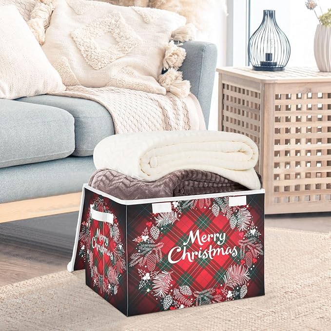 Christmas Baskets Collapsible Storage Bins with Lids, Christmas Monogram Wreath Tartan Plaid Storage Boxes Clothes Baskets for Organizing