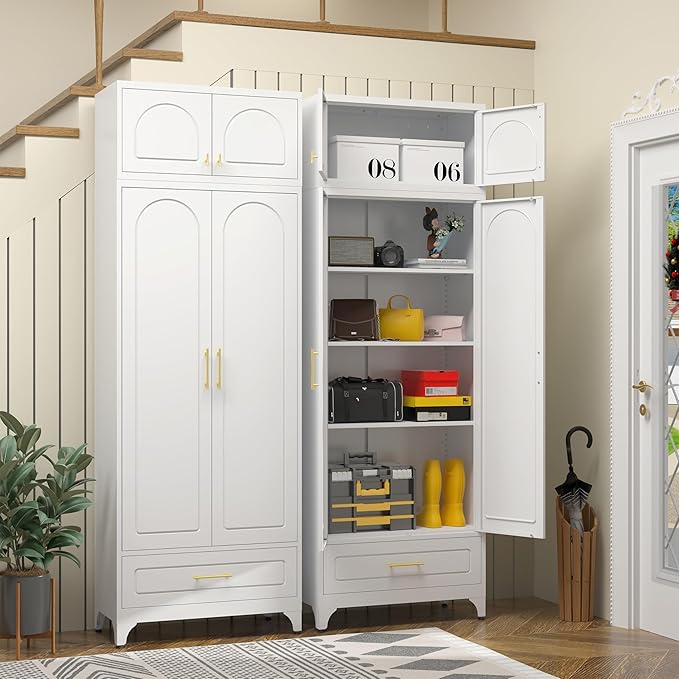 Metal Storage Cabinet with Drawer, 90" Tall Kitchen Pantry Storage Cabinets with Doors and Adjustable Shelves, White Pantry Closet, Steel Large Cupboard, High Leveling Feet- Assembly Required