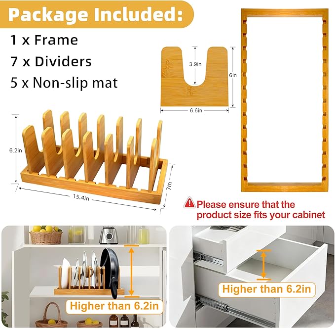 MinBoo Bamboo Pot Lid Organizer Pot Lid Holder, Pot and Pan Organizer Drawer Organizer for Pot Lids, Pans, Cutting Boards & Baking Sheets, Dinner Plates