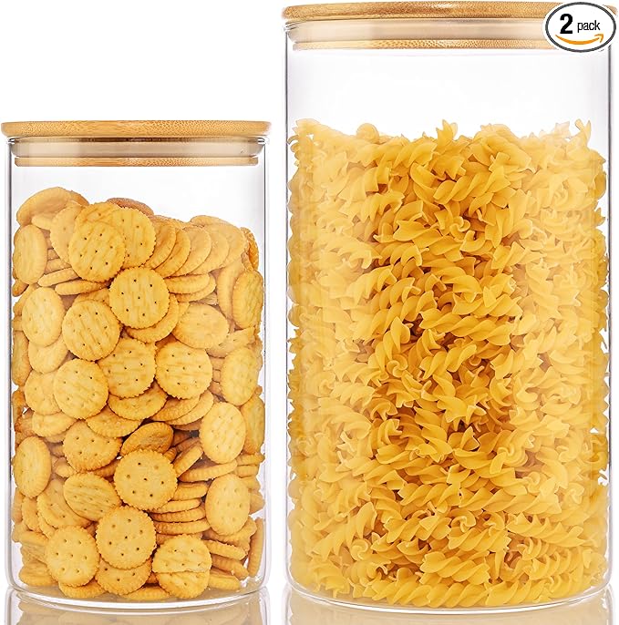 HomArtist Extra Large Glass Flour and Sugar Storage Containers with Airtight Lid,132 floz x1 & 65 floz x1 [Set of 2] Big Glass Jars with Bamboo Lids, Air Tight Food Jar for Cereal, Pasta, Rice, Coffee