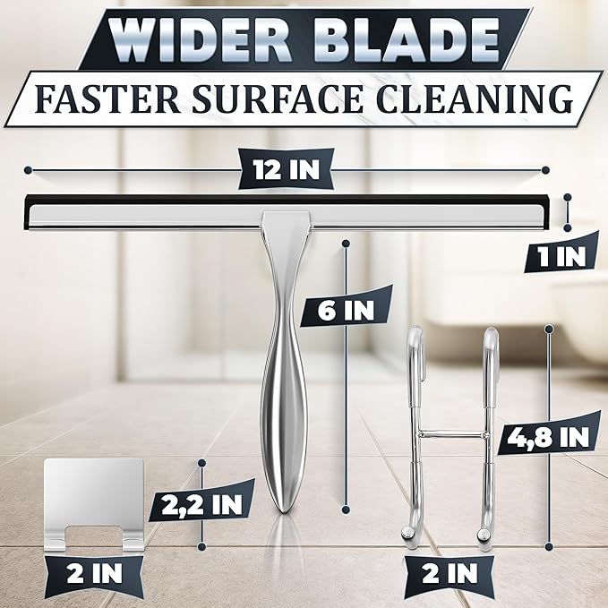 12 Inch Silver All-Purpose Stainless Steel Shower Squeegee for Shower Glass Door with 2 Hooks (Adhesive & Regular), Bathroom Cleaner Tool, Window & Mirror Squeegee for Tile Walls, Car Glass Surfaces