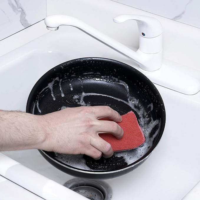 Superio Non-Scratch Cellulose Sponge Kitchen Scrub Sponges with Scouring Pad Set, Good for Non-Stick Cookware Frying Pan, Pot, Counter Top, Sink Scrubbing, Kitchen Scrubbers, Pack of 3, RedPink