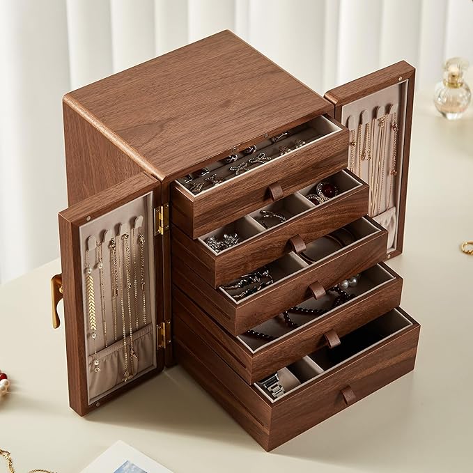 CHOSIN Black Walnut Wooden Jewelry Box 5 Layer Large Wood Jewelry Organizer Brass Handle for Necklaces Rings Earrings Watches Storage Valentines Day Gifts for Her(7.9x8.7x10.0inches)
