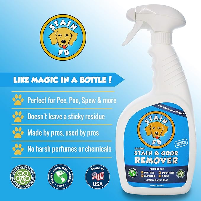 STAIN FU Pro Strength Carpet Odor & Stain Remover Works Like Magic in a Bottle on Tough Urine Feces Vomit and Even red Wine Too! 24 fl.oz