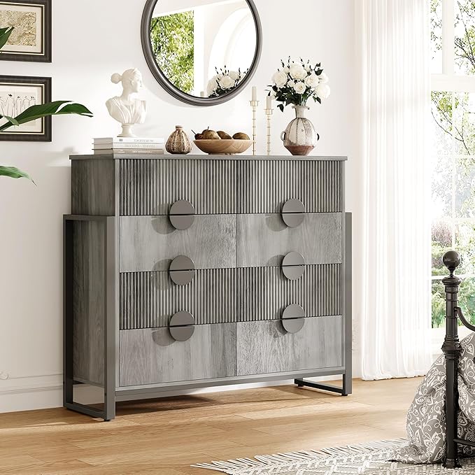 Fluted Dresser for Bedroom with 8 Drawers, 50" Wide Chest of Drawers with Raised H Legs and Curved Profile Design, Wood Closet Clothes Storage Organizer for Bedroom, Hallway, Grey
