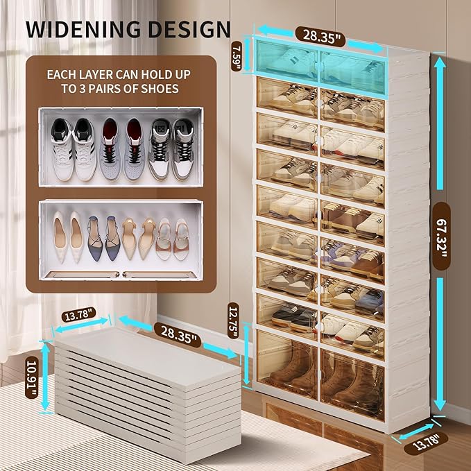 9-Tier Foldable Shoe Rack Organizer for Closet, 27 Pairs Collapsible Plastic Shoe Shelf, Large Shoes Cabinet with Door, Clear Stackable Storage Box Easy Assembly White