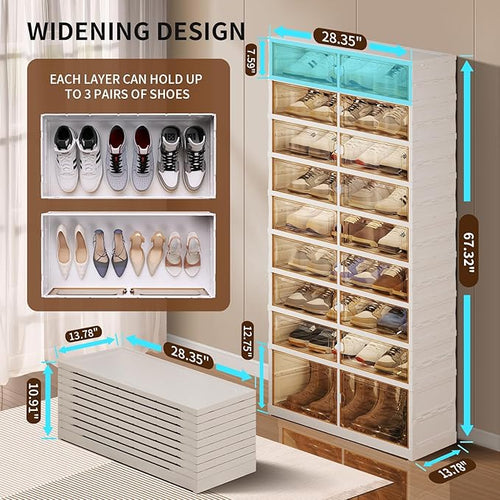 9-Tier Foldable Shoe Rack Organizer for Closet, 27 Pairs Collapsible Plastic Shoe Shelf, Large Shoes Cabinet with Door, Clear Stackable Storage Box Easy Assembly White