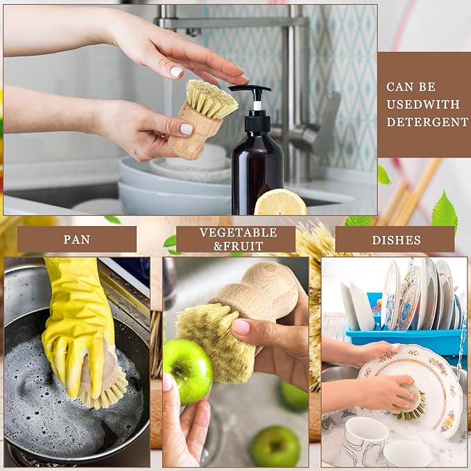 12 Pcs Bamboo Dish Brush, Wooden Scrubber Sisal Bristle Kitchen Wood Brushes for Cleaning Mini Dish Scrubber for Food Pan Pot Sink Fruit and Vegetable Wash