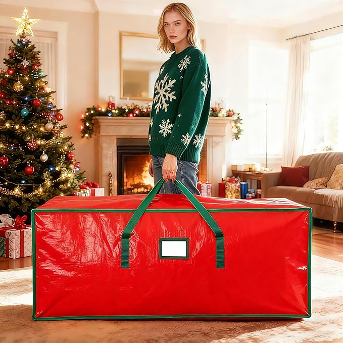 HABGP 9 ft Large Christmas Tree Storage, Stores 9 Foot Artificial Xmas Trees, Sturdy Plastic Waterproof Christmas Holiday Tree Bag For Storage Box with Strong Handles & Zipper, Red