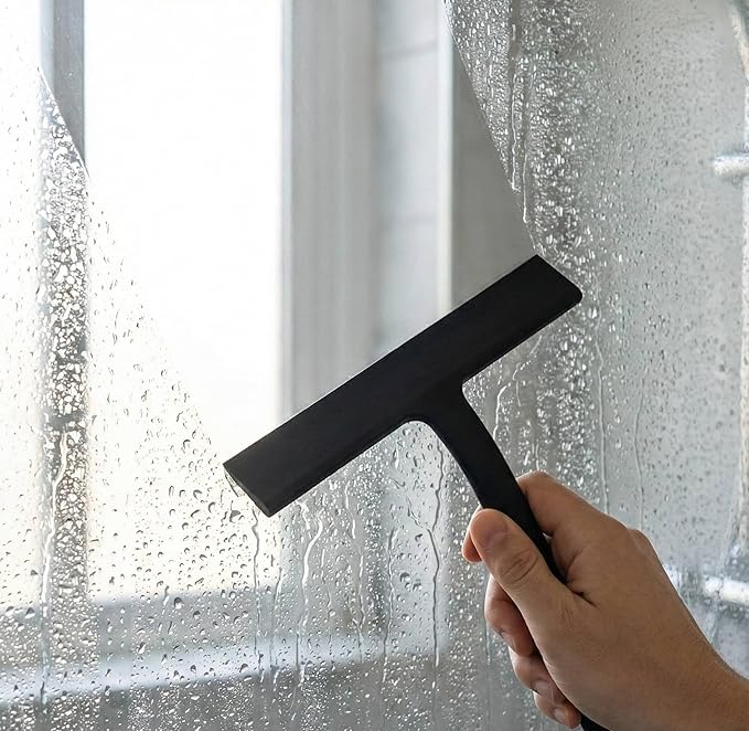 Shower Squeegee for Glass Doors, Hang Anywhere Silicone Shower Squeegee with Hook Design for Easy Hanging and Cleaning (Black)
