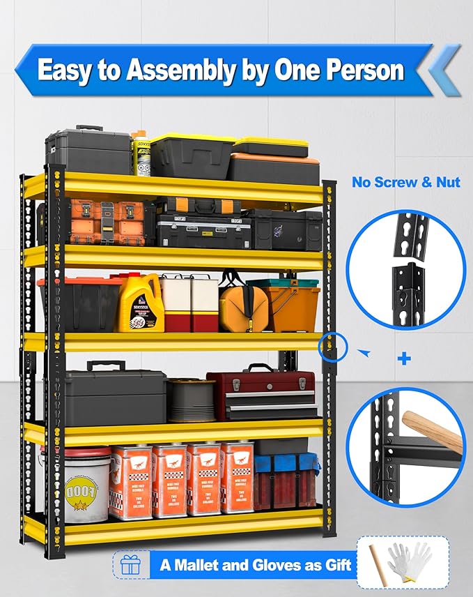 SDXYSTCE 48" W Garage Storage Shelves Heavy Duty, 2800LBS Loads Adjustable Garage Shelving, 5-Tier Metal Shelving Units and Storage Racks, Industrial Utility Shelf,48''Wx18''Dx78''H, Yellow
