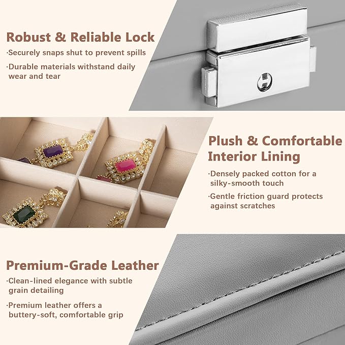 Homeanda Jewelry box 2 layer Jewelry box Leather Jewelry boxes for Women Girls Teens Jewelry organizer box Jewelry Storage box with lock(Grey)