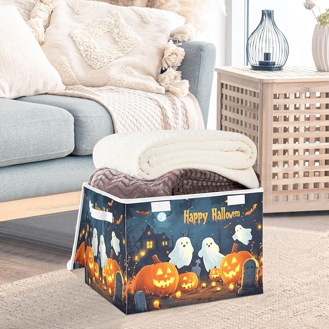 Bolaz Storage Bins with Lids and Handles,Halloween Background with Pumpkins Ghosts and Cemetary Storage Box Storage Basket with Cover Collapsible Organizer Containers for Home Closet, Shelves