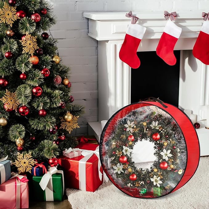 4 Pcs Christmas Wreath Storage Bag, Christmas Garland Storage Container with Clear Window, Zipper & Handle for Xmas Holiday Seasonal Wreath Garland Box(Red,30")