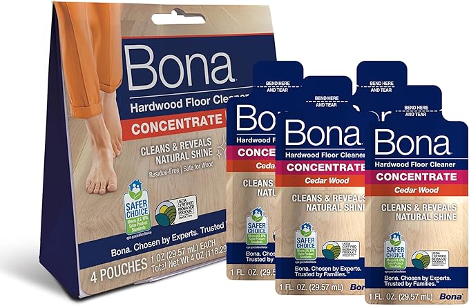 Bona Hardwood Floor Cleaner Concentrate, Cedar Wood Scent, 1 fl oz, Pack of 4 (Makes 128 fl oz) - Residue-Free Floor Cleaning Concentrate Spray Mop and Spray Bottle Refill - For Wood Floors