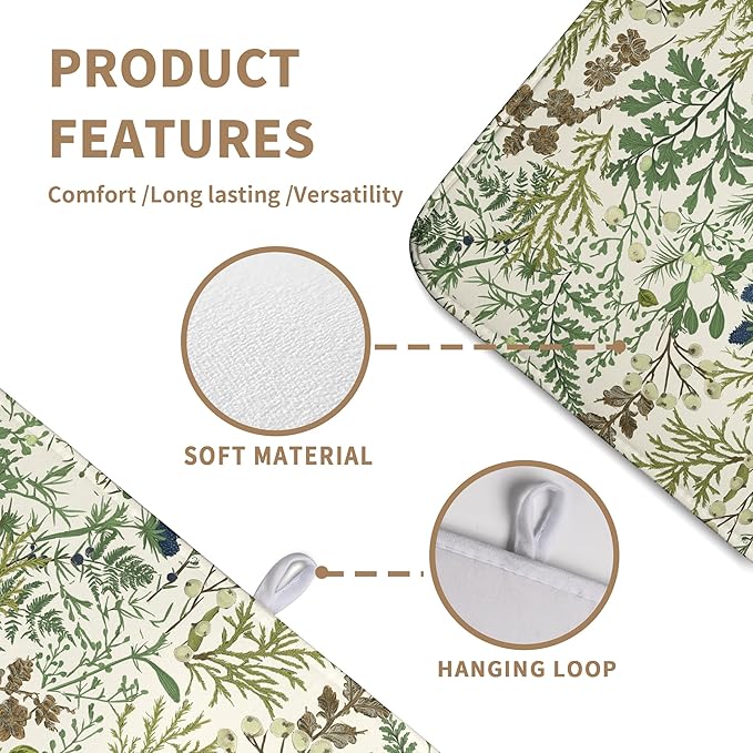 Sage Green Botanical Floral Dish Drying Mat for Kitchen Counter Vintage Herbs Fern Leaves Plant Drying Mats Absorbent Microfiber Dishes Drainer Mats Washable Dish Draining Pad Extra Large 18"x24"