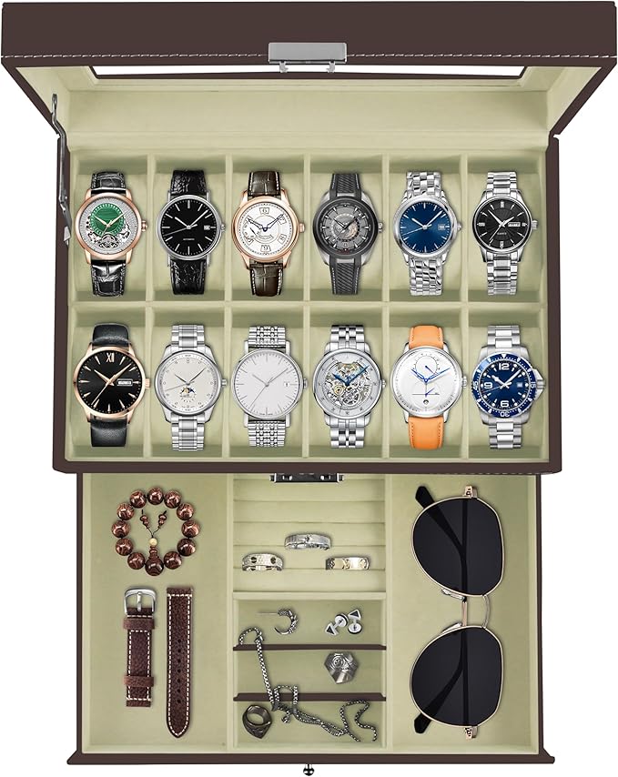 Ogrmar 12 Slot PU Leather Lockable Watch Storage Boxes, Men & Women Jewelry Display Drawer Case, 2-tier Organizer Watch Showcase with Glass Lid (Brown)