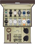 Ogrmar 12 Slot PU Leather Lockable Watch Storage Boxes, Men & Women Jewelry Display Drawer Case, 2-tier Organizer Watch Showcase with Glass Lid (Brown)