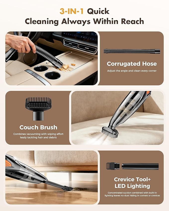 Handheld Vacuum Cordless 25000PA Powerful Suction, Portable Car Vacuum, 3 in 1 Hand Held Vacuum Rechargeable 8000mAh with LED Light, HEPA Filter, Home, Car Seats, Office, Pet Hair, Dust Buster