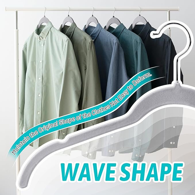 Sishynio Premium Velvet Shirt Hangers 30 Pack, Space-Saving Non-Slip Felt Hanger with 360° Swivel Hook, Slim Flocked Hangers for Strappy Dresses, Blouses, Tank Tops(Grey)