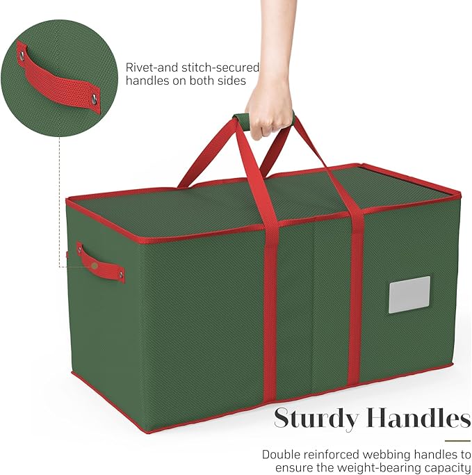 Christmas Ornament Storage Box with 8 Trays, Christmas Storage Container for 128-3'' Holiday Ornament Decorations, Large Xmas Organizer with Adjustable Dividers, Dual Zipper and Pocket (Green)