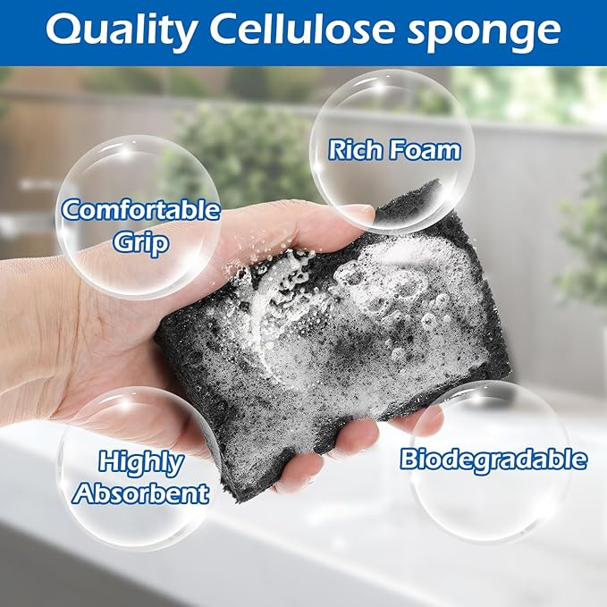 JIEYAO 12 Pack Non-Scratch Scrub Sponges, Compressed Cellulose Sponges, Black Sponge for Dishes Wood Pulp Multi-Purpose Cleaning Sponge for Kitchen Dishes Non-Stick Cookware