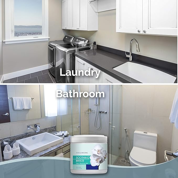 SMELLS BEGONE 15oz Gel Odor Eliminator - Absorb & Remove Tough Odors in Pet Areas, Bathrooms, Basements, Garage, Cars, RVs & Boats - Eliminate Odors Quickly (2-Pack, Soothing Breeze)