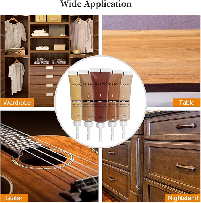 SEISSO Wood Furniture Repair Kit -Set of 50, 24 Colors Wood Touch up Fillers, Wood Repair Paint with Scraper and Brushes, Repair Scratches, Cracks, Stains, Hole, for Tables, Laminate, Cabinet, Floors