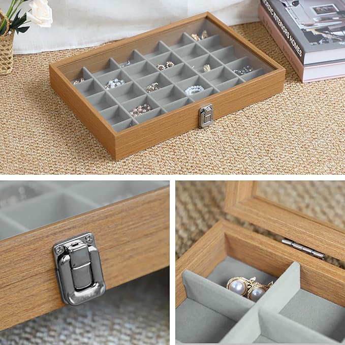 Wudygirl Jewelry Box for Women Wooden Jewelry Organizer 30 Grid Jewelry Box with Hinged Lid Earring Holder Organizer Jewelry Tray for Rings Bracelets Brooches (Gray 30 Grid)