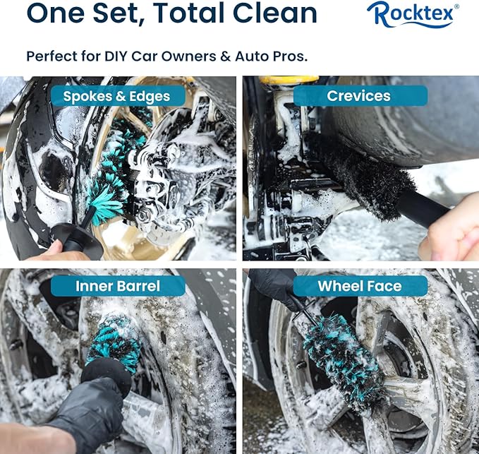 Rocktex Wheel Brush Set – 3 Sizes Multi-Fiber Blend, Non-Scratch Design for Car & Motorcycle Rims, Spokes, Barrels, Brake Dust, Tight Gaps, Eco-Friendly Clean