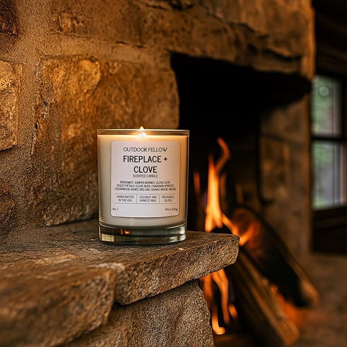 Outdoor Fellow Fireplace and Clove Scented Candle, 8oz, Coconut & Apricot Wax Blend, Bergamot, Clove Buds, Cedarwood, Reusable Glass, 40-50 Hour Burn Time