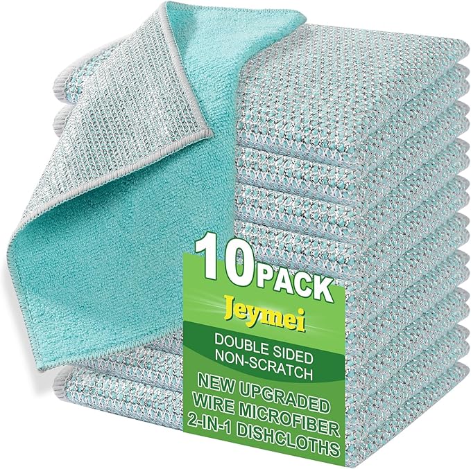 Jeymei 10counts Non Scratch Wire Dishcloth Multipurpose Wire Dishwashing Rag for Washing Dishes,Double Layer Microfiber Cleaning Cloth,Reusable Diamond Weave Steel Wool Scrubber Cloths,Blue