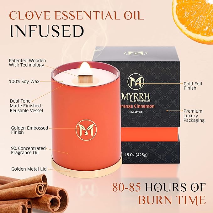 MyrrhUSA Orange Cinnamon Scented Candle – 15oz Natural Soy Wax with Crackling Wooden Wick & Essential Oil | 80 Hour Burn | Luxury Aromatherapy Candle for Relaxation, Home Décor, Living Room & Bathroom