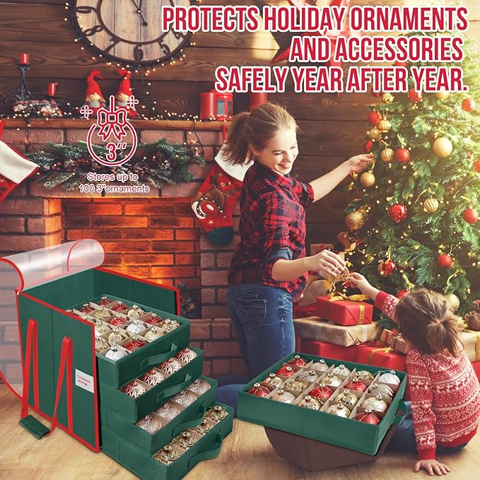Christmas Ornament Storage Box, Stores Up to 100 Count 3 Inch Ornaments, 5 Individual Trays, Adjustable Dividers, 600D Oxford Fabric, Large Organizer Bin to Protect and Store Holiday Décor