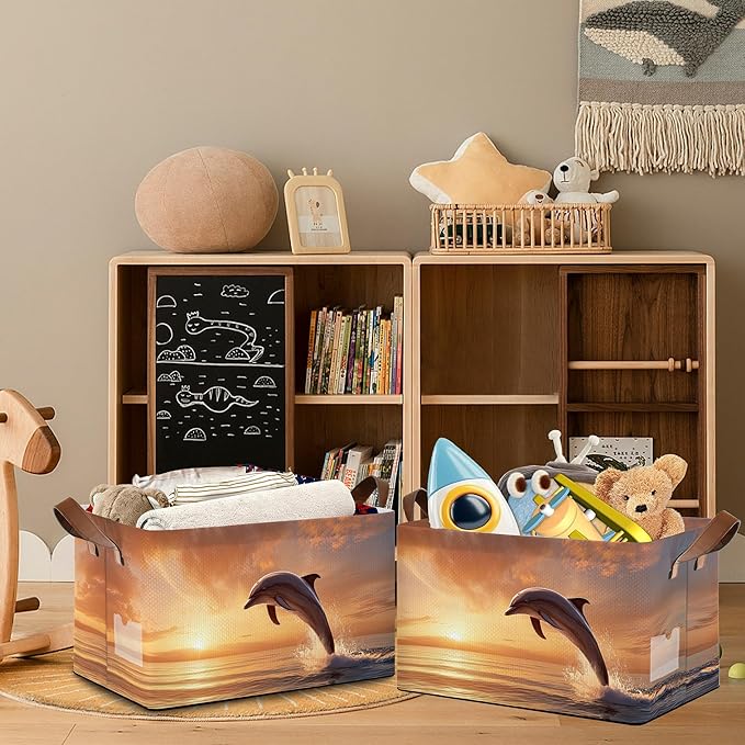 Dolphin Ocean Storage Basket,Sunset Collapsible Storage Bin Cubes for Living Room Bedroom Blankets Home Storage 17x11.5x10Inch
